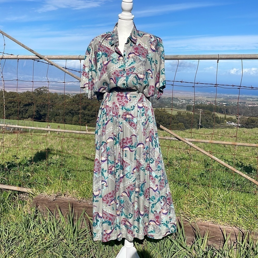 𝅺vtg 80’s Blouse Skirt heritage Pheasant Print Set